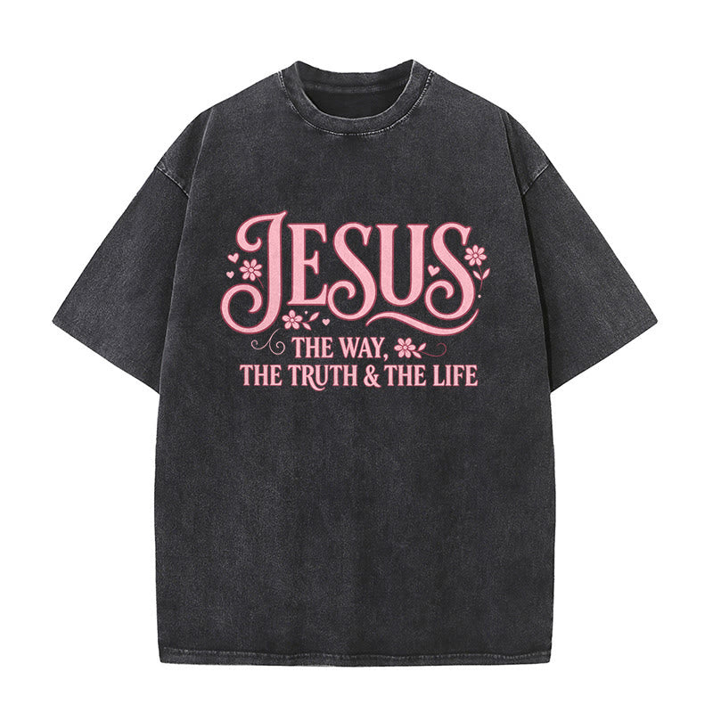 Christianartworkshop Dekoratives, geblümtes Unisex-T-Shirt „Jesus – Der Weg, die Wahrheit und das Leben“ (gewaschen) - Schwarz - 5XL - image 3