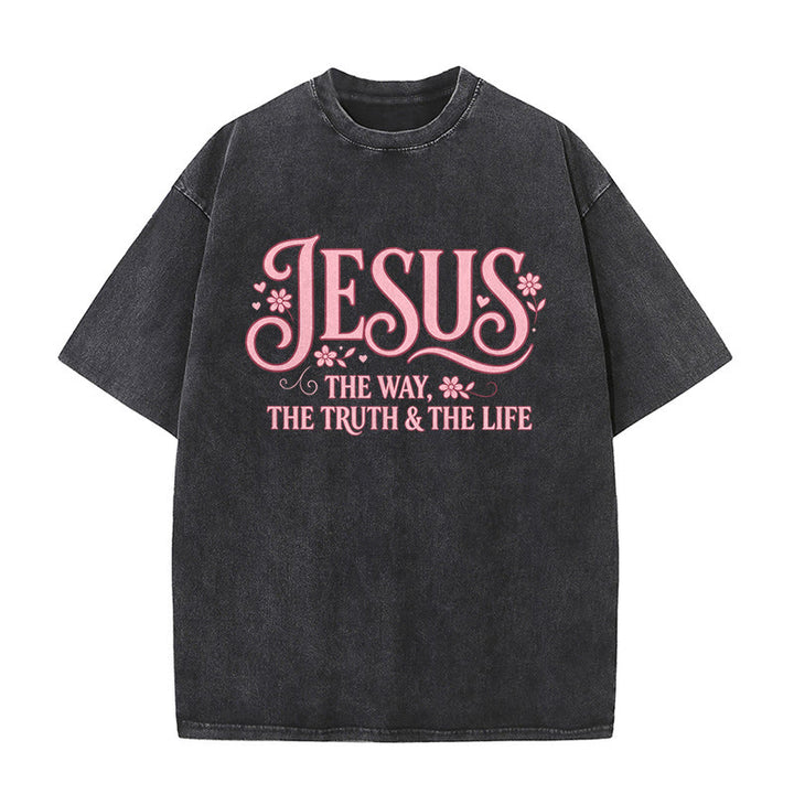 Christianartworkshop Dekoratives, geblümtes Unisex-T-Shirt „Jesus – Der Weg, die Wahrheit und das Leben“ (gewaschen) - Schwarz - 5XL - image 3