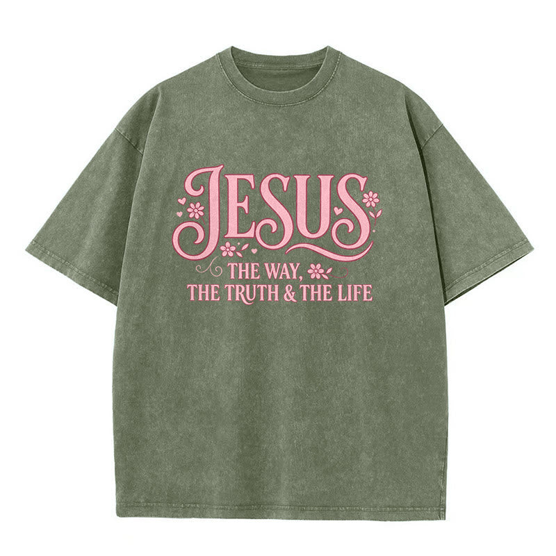 Christianartworkshop Dekoratives, geblümtes Unisex-T-Shirt „Jesus – Der Weg, die Wahrheit und das Leben“ (gewaschen) - Armeegrün - 5XL - image 2