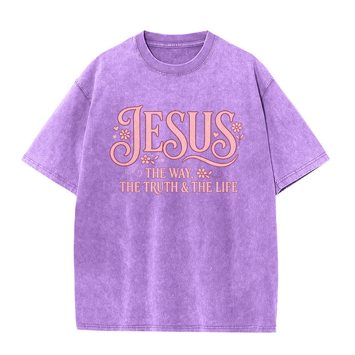 Christianartworkshop Dekoratives, geblümtes Unisex-T-Shirt „Jesus – Der Weg, die Wahrheit und das Leben“ (gewaschen) - Lila - 5XL - image 7