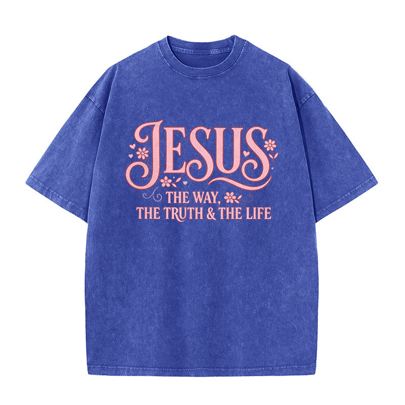 Christianartworkshop Dekoratives, geblümtes Unisex-T-Shirt „Jesus – Der Weg, die Wahrheit und das Leben“ (gewaschen) - Blau - 5XL - image 8