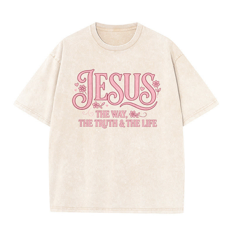 Christianartworkshop Dekoratives, geblümtes Unisex-T-Shirt „Jesus – Der Weg, die Wahrheit und das Leben“ (gewaschen) - Beige - 5XL - image 1