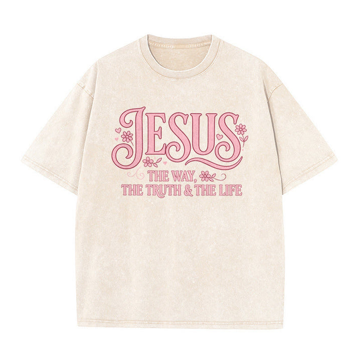 Christianartworkshop Dekoratives, geblümtes Unisex-T-Shirt „Jesus – Der Weg, die Wahrheit und das Leben“ (gewaschen) - Beige - 5XL - image 1