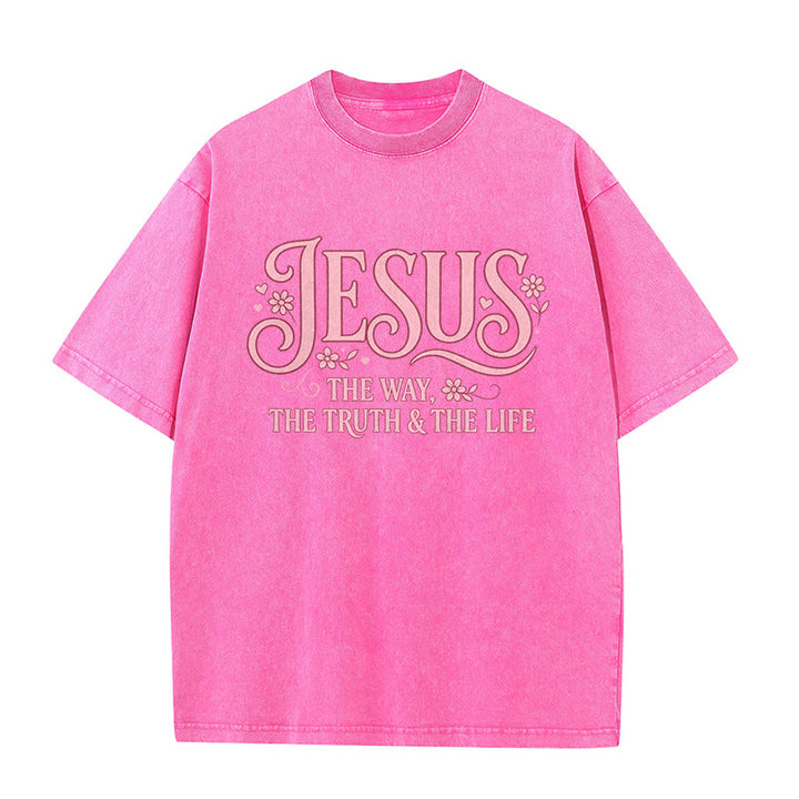 Christianartworkshop Dekoratives, geblümtes Unisex-T-Shirt „Jesus – Der Weg, die Wahrheit und das Leben“ (gewaschen) - Rosa - 5XL - image 6