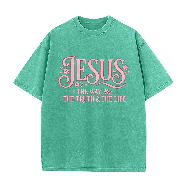 Christianartworkshop Dekoratives, geblümtes Unisex-T-Shirt „Jesus – Der Weg, die Wahrheit und das Leben“ (gewaschen) - Grün - 5XL - image 4