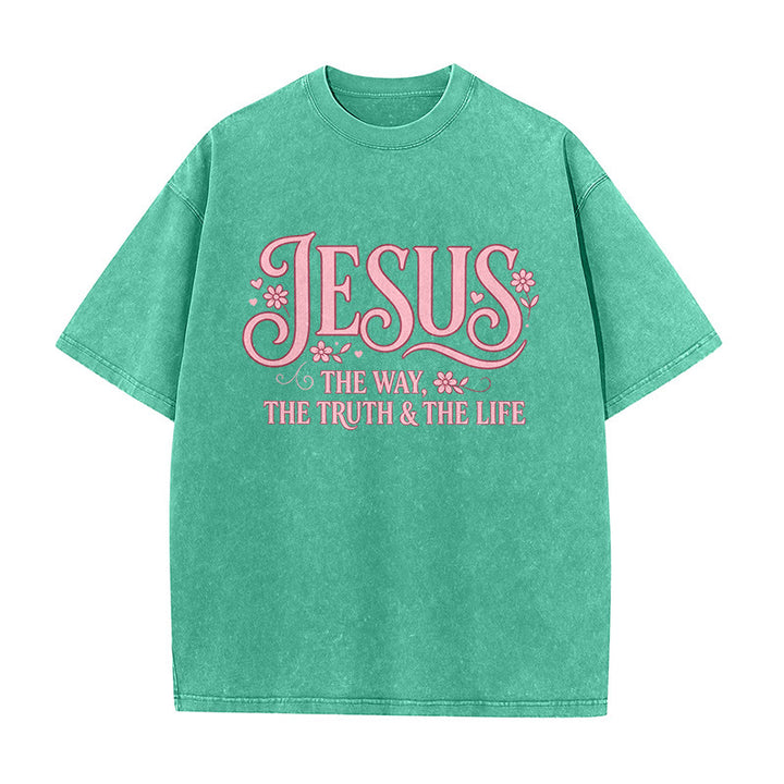 Christianartworkshop Dekoratives, geblümtes Unisex-T-Shirt „Jesus – Der Weg, die Wahrheit und das Leben“ (gewaschen) - Grün - 5XL - image 4