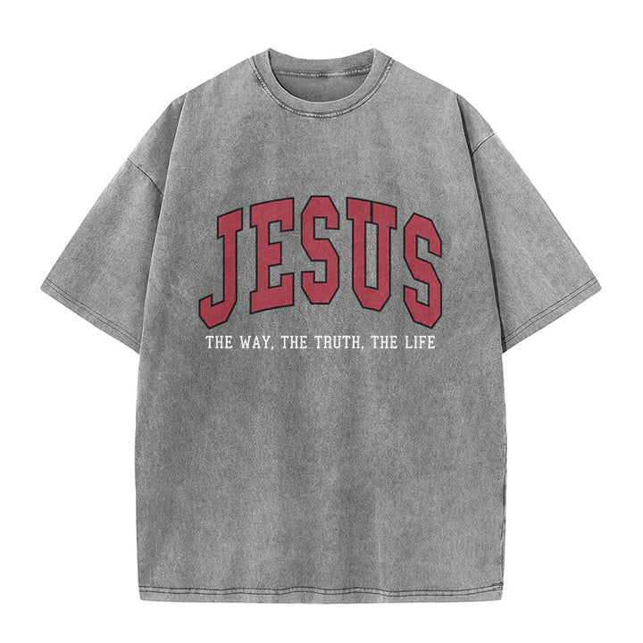 Christianartworkshop Streetwear-Style „Jesus – Der Weg, die Wahrheit, das Leben“ – Unisex-T-Shirt im Used-Look - Grau - 5XL - image 9
