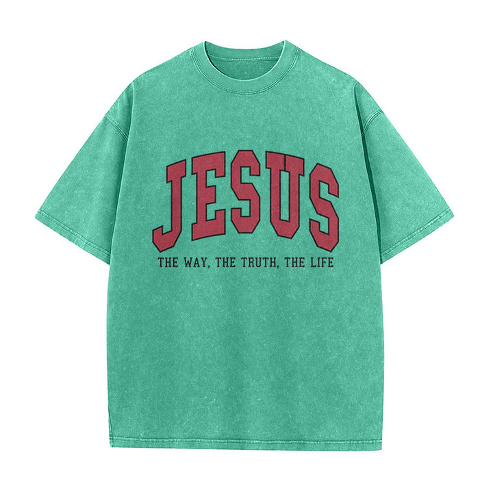 Christianartworkshop Streetwear-Style „Jesus – Der Weg, die Wahrheit, das Leben“ – Unisex-T-Shirt im Used-Look - Grün - 5XL - image 4