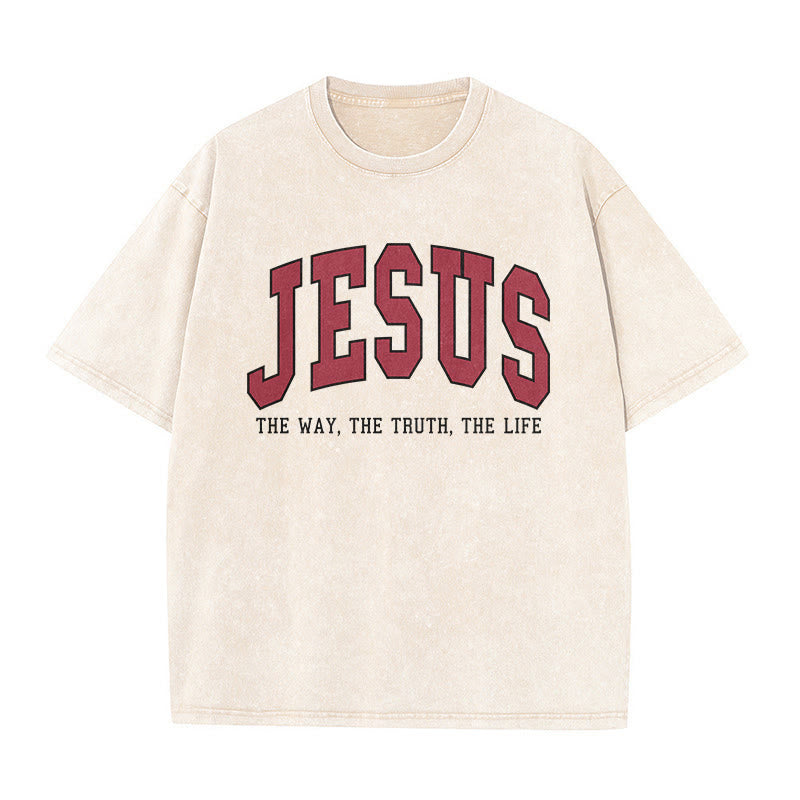 Christianartworkshop Streetwear-Style „Jesus – Der Weg, die Wahrheit, das Leben“ – Unisex-T-Shirt im Used-Look - Beige - 5XL - image 2