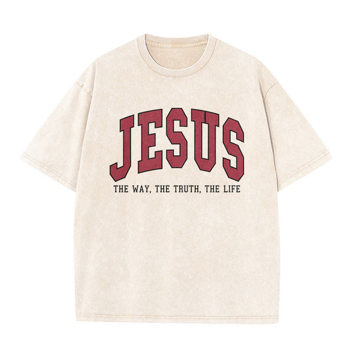Christianartworkshop Streetwear-Style „Jesus – Der Weg, die Wahrheit, das Leben“ – Unisex-T-Shirt im Used-Look - Beige - 5XL - image 2