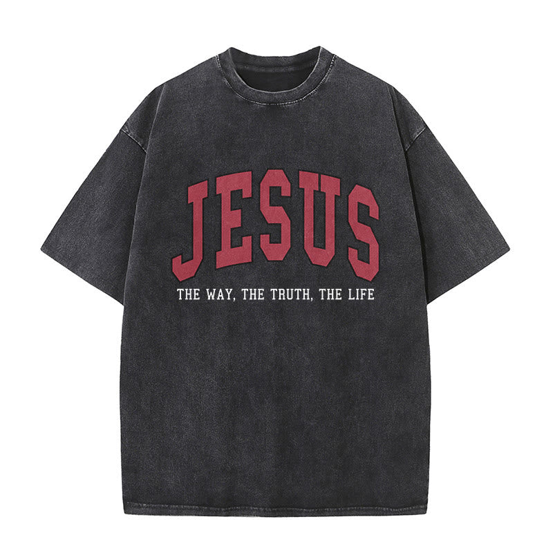 Christianartworkshop Streetwear-Style „Jesus – Der Weg, die Wahrheit, das Leben“ – Unisex-T-Shirt im Used-Look - Schwarz - 5XL - image 1