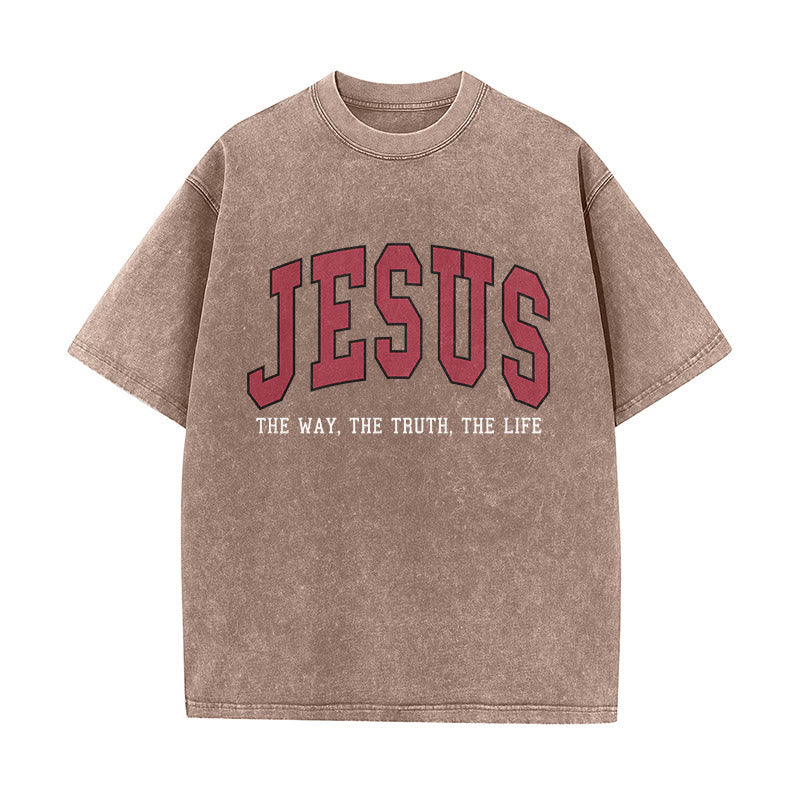 Christianartworkshop Streetwear-Style „Jesus – Der Weg, die Wahrheit, das Leben“ – Unisex-T-Shirt im Used-Look - Braun - 5XL - image 5