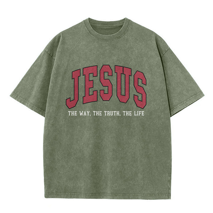 Christianartworkshop Streetwear-Style „Jesus – Der Weg, die Wahrheit, das Leben“ – Unisex-T-Shirt im Used-Look - Armeegrün - 5XL - image 3