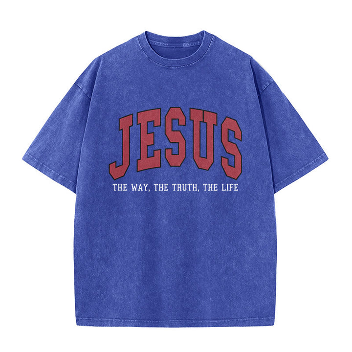 Christianartworkshop Streetwear-Style „Jesus – Der Weg, die Wahrheit, das Leben“ – Unisex-T-Shirt im Used-Look - Blau - 5XL - image 8