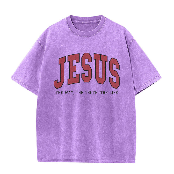 Christianartworkshop Streetwear-Style „Jesus – Der Weg, die Wahrheit, das Leben“ – Unisex-T-Shirt im Used-Look - Lila - 5XL - image 7