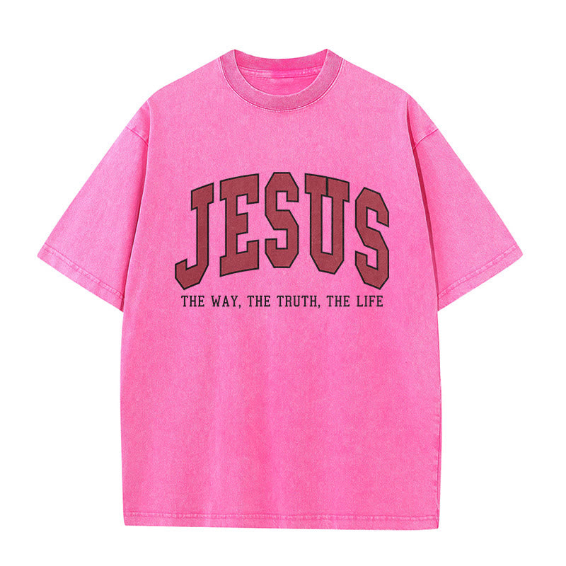 Christianartworkshop Streetwear-Style „Jesus – Der Weg, die Wahrheit, das Leben“ – Unisex-T-Shirt im Used-Look - Rosa - 5XL - image 6