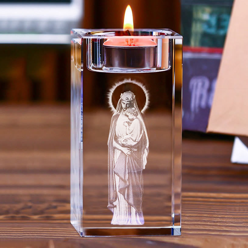 Christianartworkshop Leuchtender Teelichthalter mit gravierter Kristallfigur: Ein Symbol für eine friedvolle Gebetsatmosphäre - Madonna mit Kind A - 1,97''*1,97''*3,94''/5*5*10cm - image 5