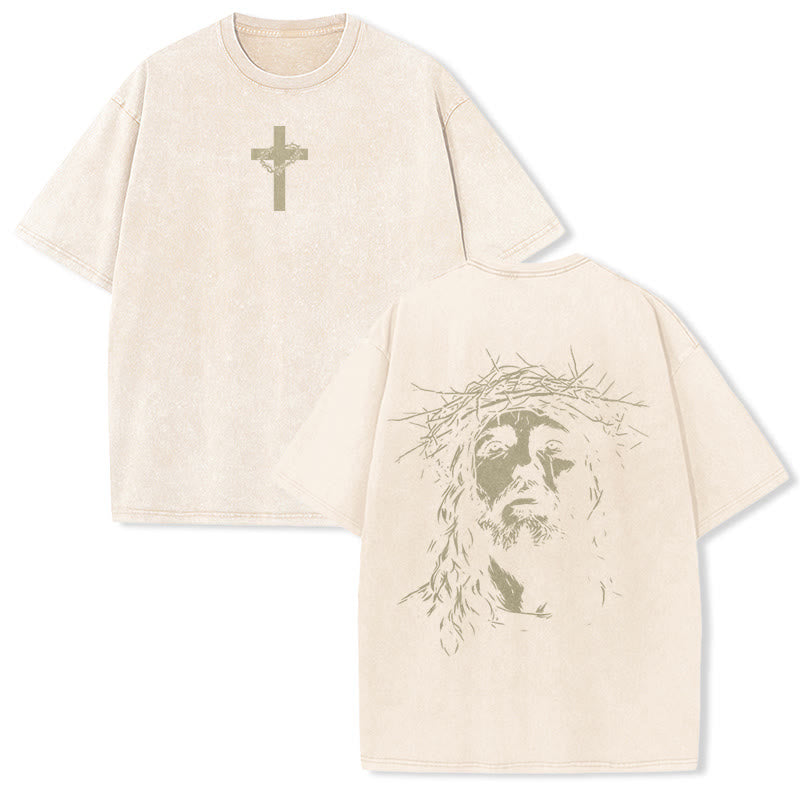 Christianartworkshop Unisex-T-Shirt mit Kreuz- und Dornenkronen-Detail (gewaschen) - Beige - 5XL - image 5