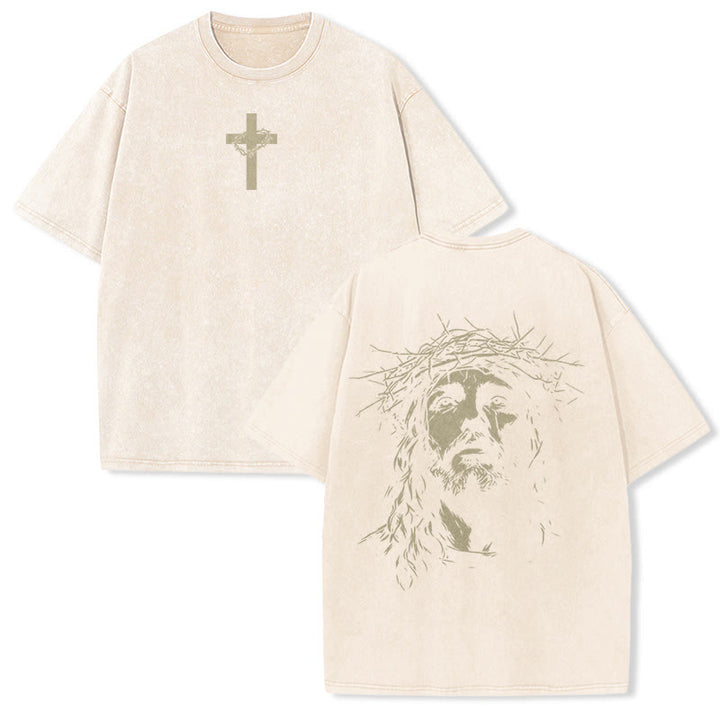 Christianartworkshop Unisex-T-Shirt mit Kreuz- und Dornenkronen-Detail (gewaschen) - Beige - 5XL - image 5