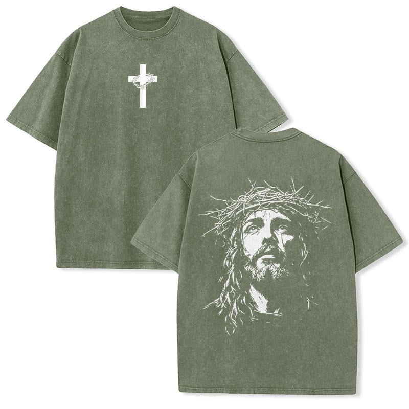 Christianartworkshop Unisex-T-Shirt mit Kreuz- und Dornenkronen-Detail (gewaschen) - Armeegrün - 5XL - image 8