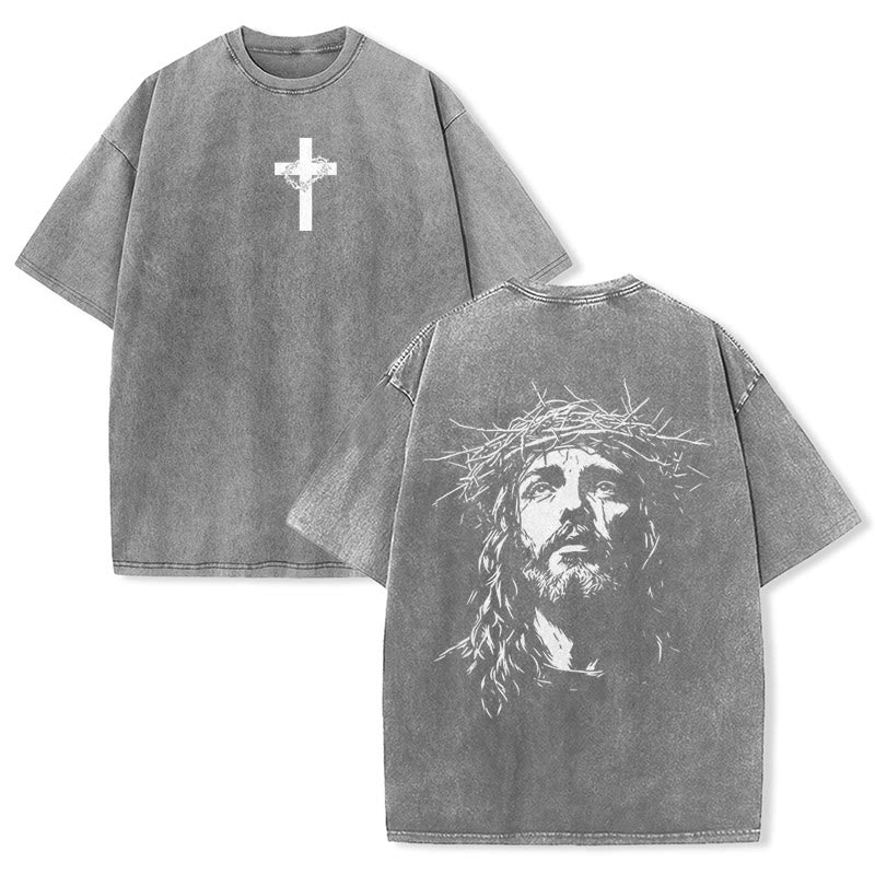 Christianartworkshop Unisex-T-Shirt mit Kreuz- und Dornenkronen-Detail (gewaschen) - Grau - 5XL - image 26