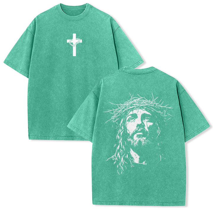 Christianartworkshop Unisex-T-Shirt mit Kreuz- und Dornenkronen-Detail (gewaschen) - Grün - 5XL - image 11