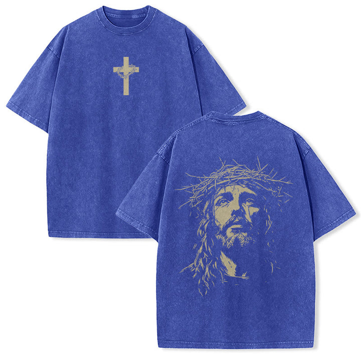 Christianartworkshop Unisex-T-Shirt mit Kreuz- und Dornenkronen-Detail (gewaschen) - Blau - 5XL - image 23