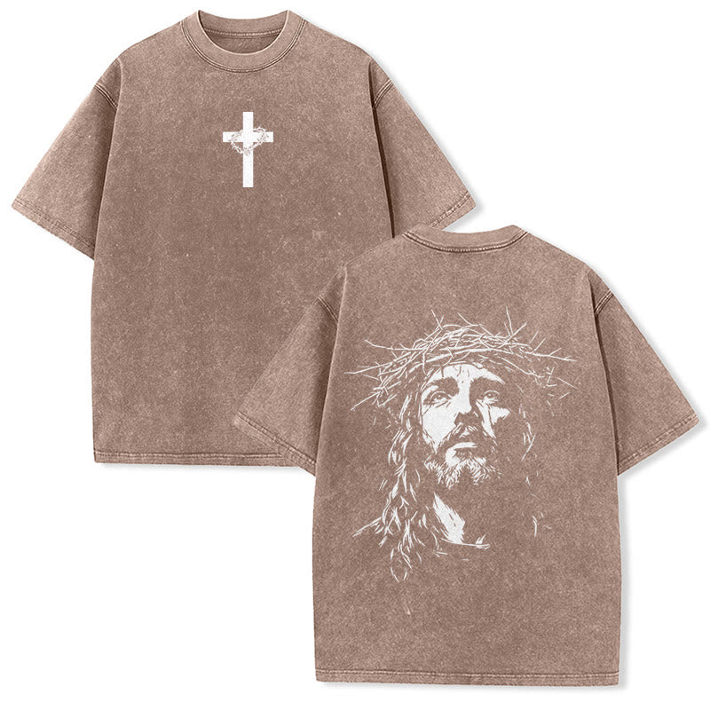 Christianartworkshop Unisex-T-Shirt mit Kreuz- und Dornenkronen-Detail (gewaschen) - Braun - 5XL - image 14