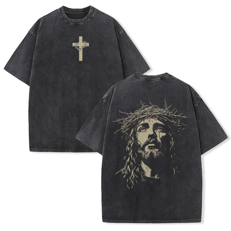 Christianartworkshop Unisex-T-Shirt mit Kreuz- und Dornenkronen-Detail (gewaschen) - Schwarz - 5XL - image 2