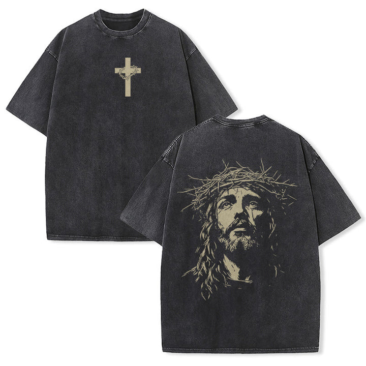 Christianartworkshop Unisex-T-Shirt mit Kreuz- und Dornenkronen-Detail (gewaschen) - Schwarz - 5XL - image 2