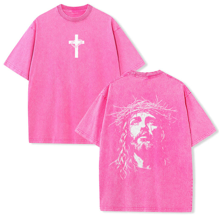 Christianartworkshop Unisex-T-Shirt mit Kreuz- und Dornenkronen-Detail (gewaschen) - Rosa - 5XL - image 17