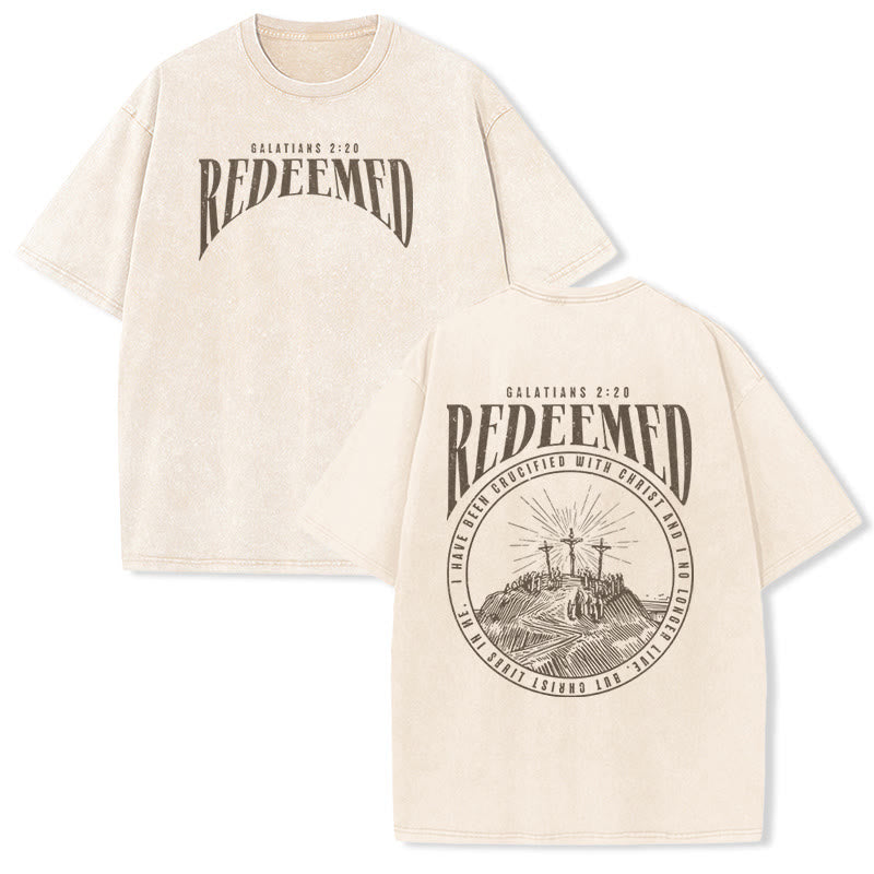 Christianartworkshop „Erlöst“ Galater 2,20 Vorder- und Rückseite bedrucktes, gewaschenes Unisex-T-Shirt - Beige - 5XL - image 2