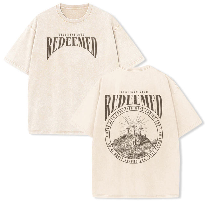 Christianartworkshop „Erlöst“ Galater 2,20 Vorder- und Rückseite bedrucktes, gewaschenes Unisex-T-Shirt - Beige - 5XL - image 2