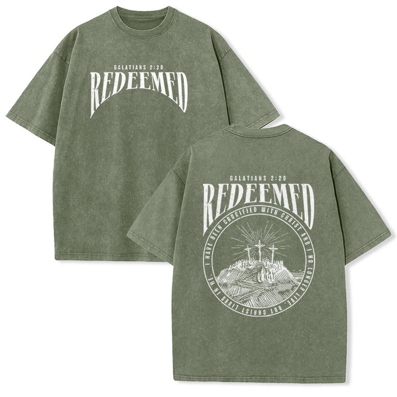 Christianartworkshop „Erlöst“ Galater 2,20 Vorder- und Rückseite bedrucktes, gewaschenes Unisex-T-Shirt - Armeegrün - 5XL - image 11