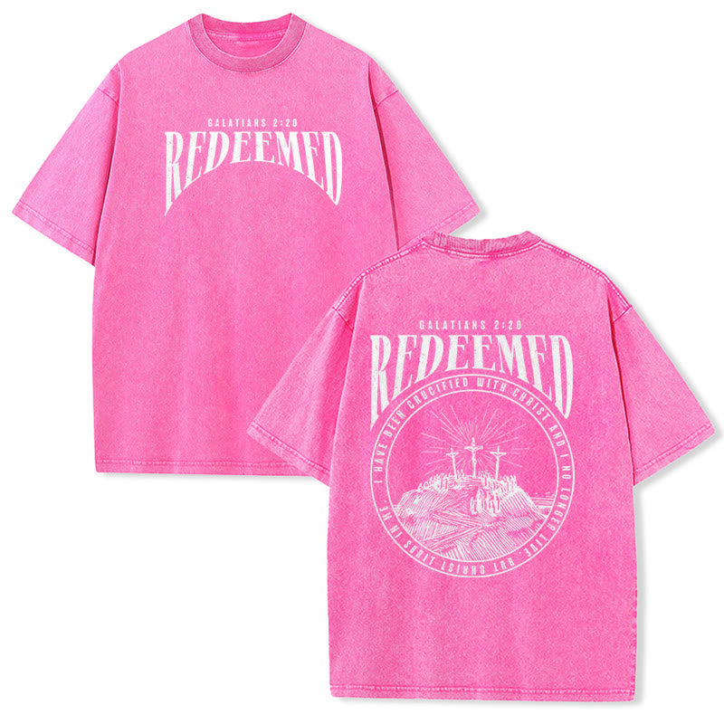 Christianartworkshop „Erlöst“ Galater 2,20 Vorder- und Rückseite bedrucktes, gewaschenes Unisex-T-Shirt - Rosa - 5XL - image 17