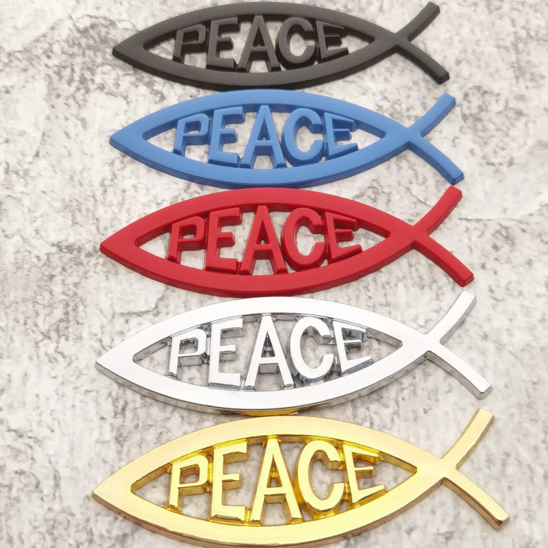 Christianartworkshop Autoaufkleber mit erhabenem „PEACE“-Schriftzug und hohlem Ichthys-Fischmotiv: Ein Symbol für himmlische Ruhe und sicheres Fahren - Set mit 5 Farben - image 0