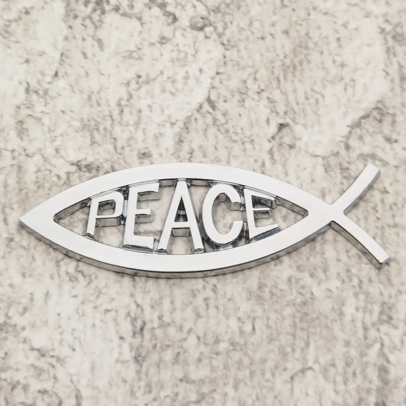 Christianartworkshop Autoaufkleber mit erhabenem „PEACE“-Schriftzug und hohlem Ichthys-Fischmotiv: Ein Symbol für himmlische Ruhe und sicheres Fahren - Silber - image 1