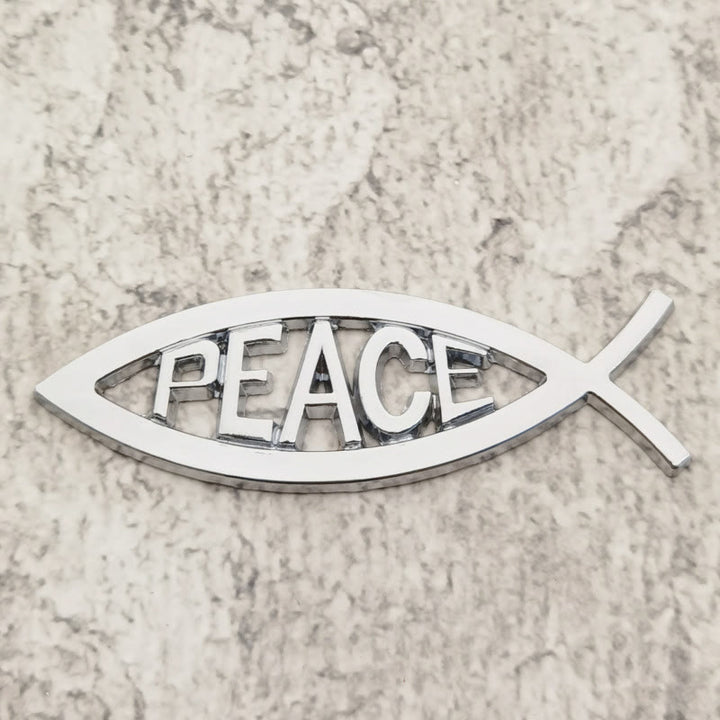 Christianartworkshop Autoaufkleber mit erhabenem „PEACE“-Schriftzug und hohlem Ichthys-Fischmotiv: Ein Symbol für himmlische Ruhe und sicheres Fahren - Silber - image 1