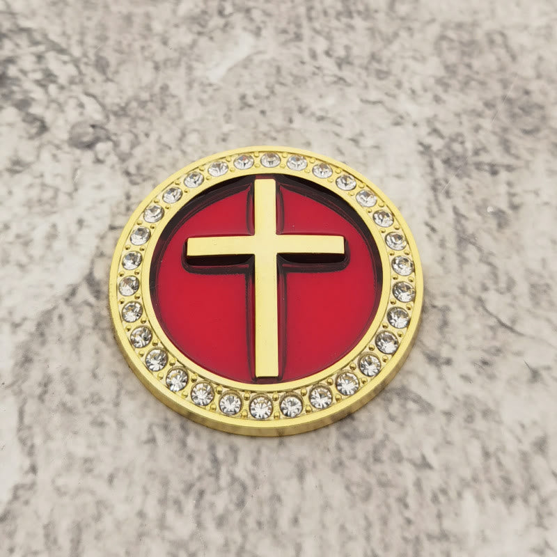 Christianartworkshop Strassbesetzter, runder Autoaufkleber mit erhabenem Kreuz: Ein Symbol göttlicher Gnade und umfassenden Reiseschutz - Goldgelb & Rot - image 4