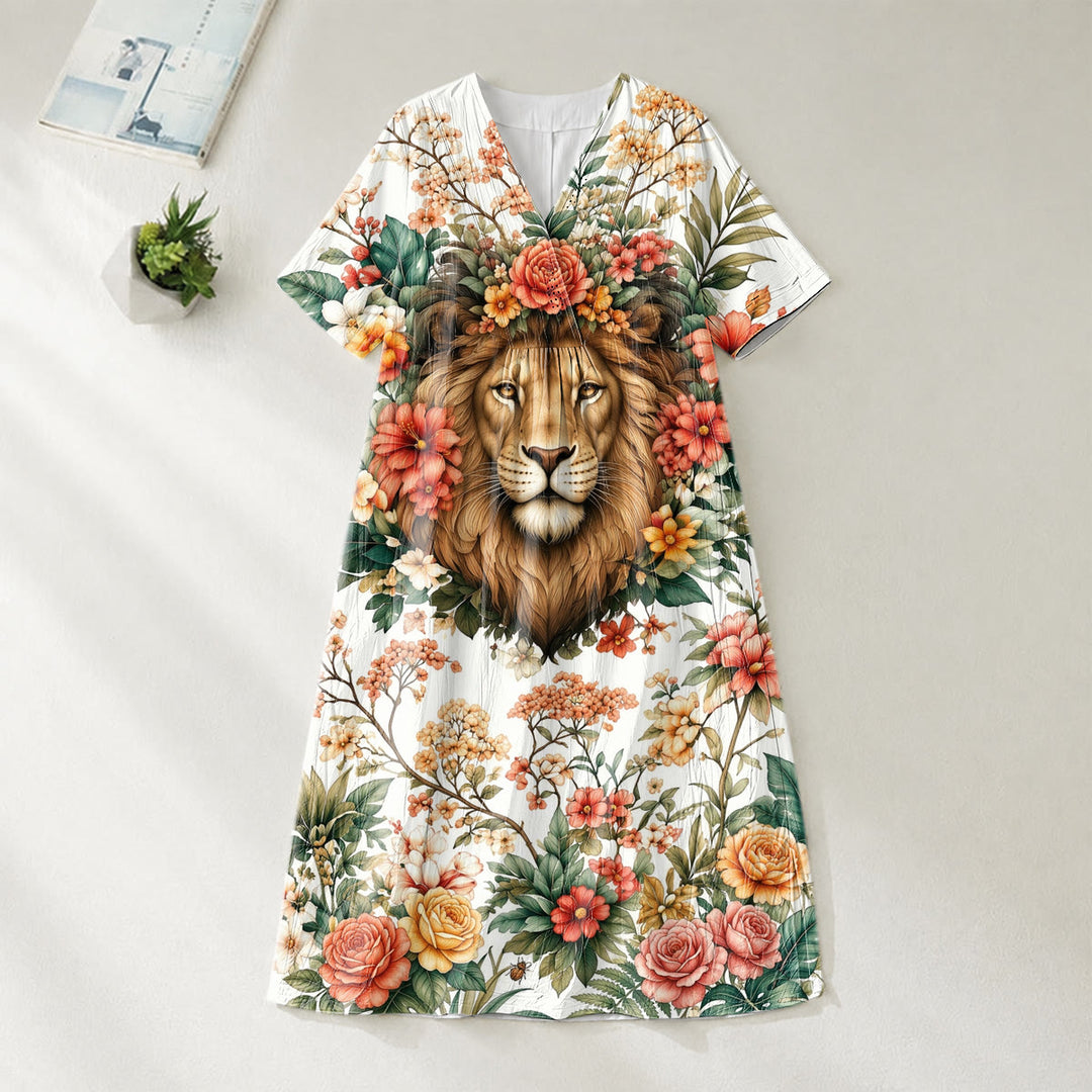 Christianartworkshop „Löwe von Juda“ Blumenkranz-Midikleid mit V-Ausschnitt und kurzen Ärmeln - image 1