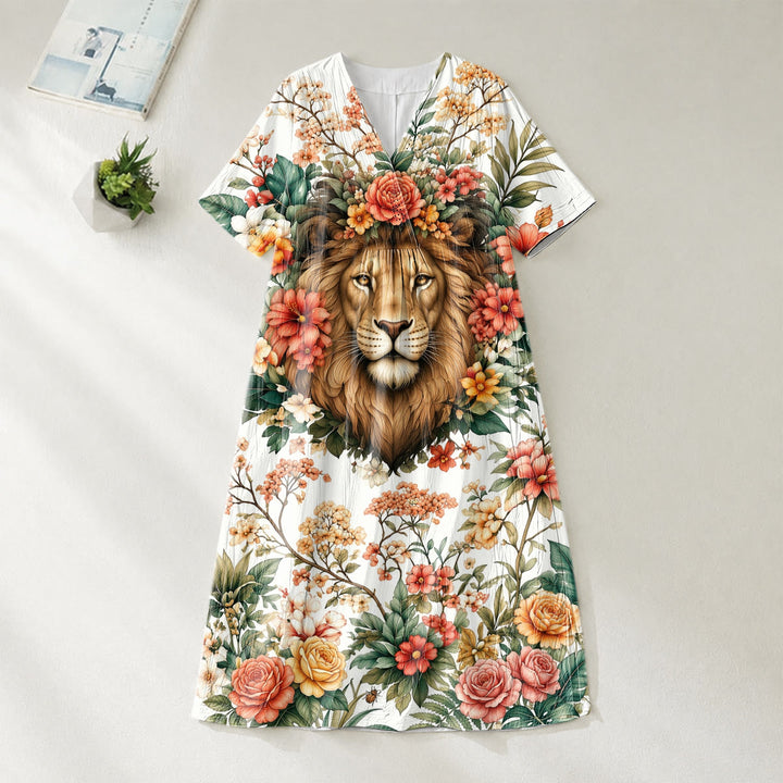 Christianartworkshop „Löwe von Juda“ Blumenkranz-Midikleid mit V-Ausschnitt und kurzen Ärmeln - image 1