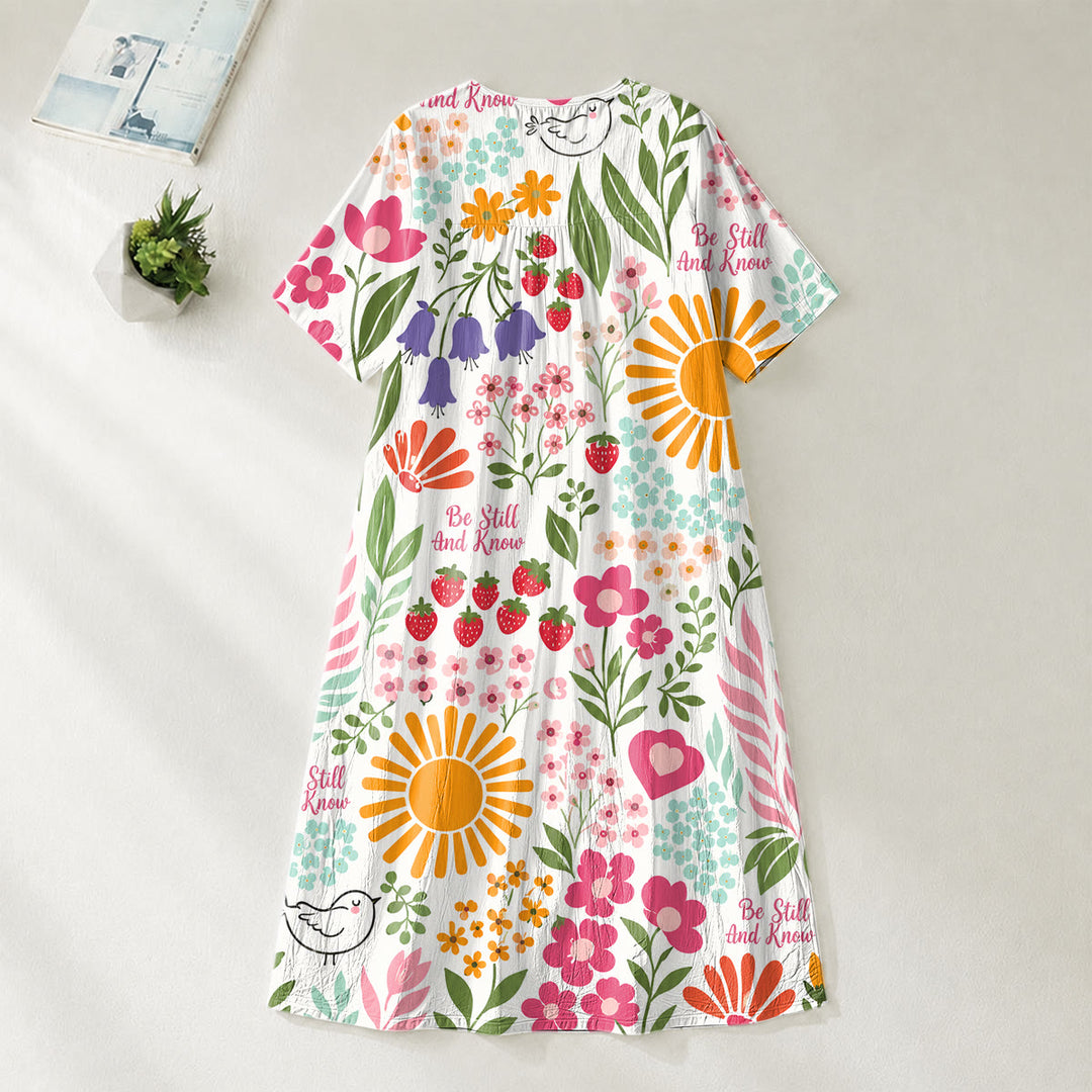 Christianartworkshop „Sei still und erkenne“ Midikleid mit Blumen- und Sonnenprint, V-Ausschnitt und kurzen Ärmeln - image 3