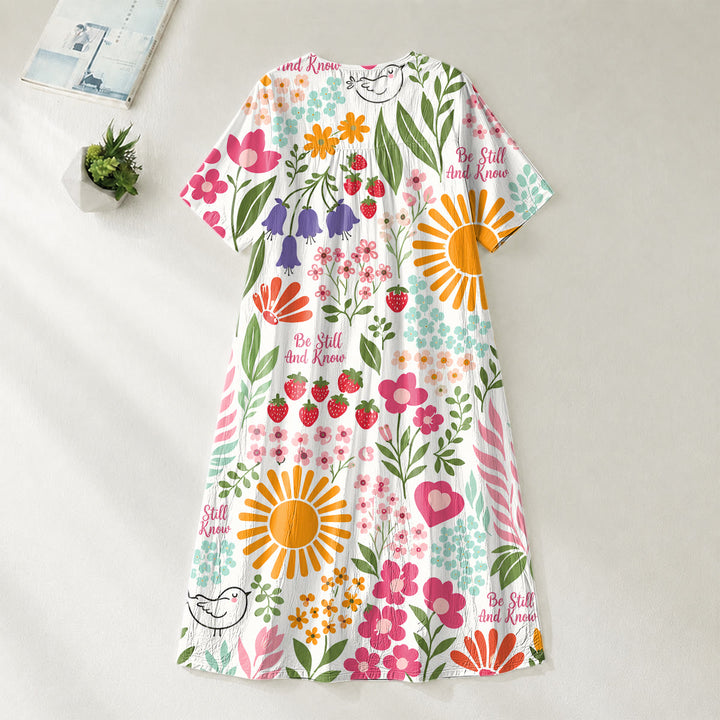 Christianartworkshop „Sei still und erkenne“ Midikleid mit Blumen- und Sonnenprint, V-Ausschnitt und kurzen Ärmeln - image 3