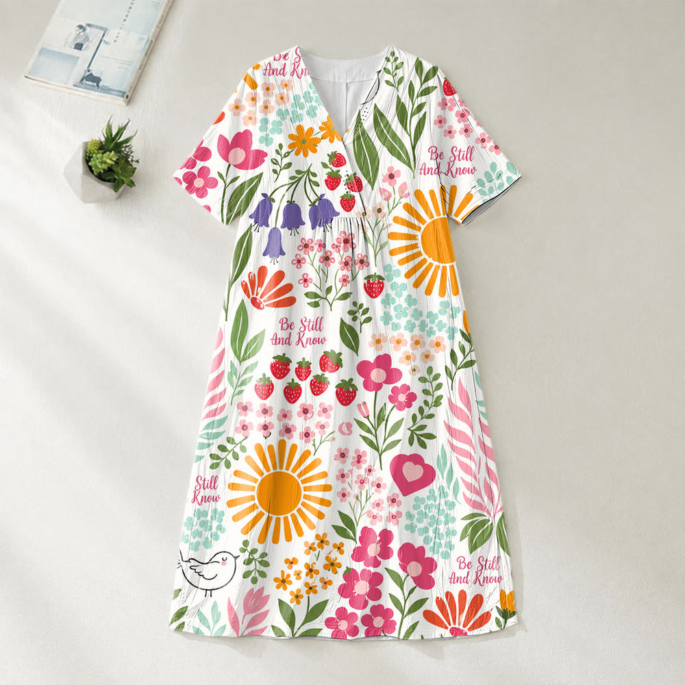 Christianartworkshop „Sei still und erkenne“ Midikleid mit Blumen- und Sonnenprint, V-Ausschnitt und kurzen Ärmeln - image 1