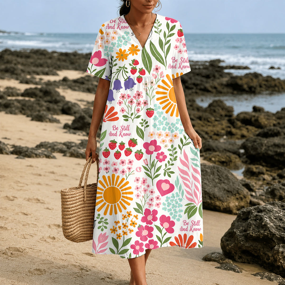Christianartworkshop „Sei still und erkenne“ Midikleid mit Blumen- und Sonnenprint, V-Ausschnitt und kurzen Ärmeln - 4XL - image 0