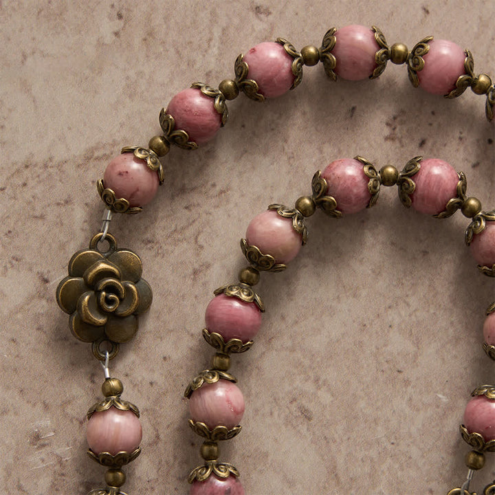Christianartworkshop Rosenkranz aus natürlichem Rhodochrosit mit floralen Akzenten aus antikbronzenen Rosen - image 5