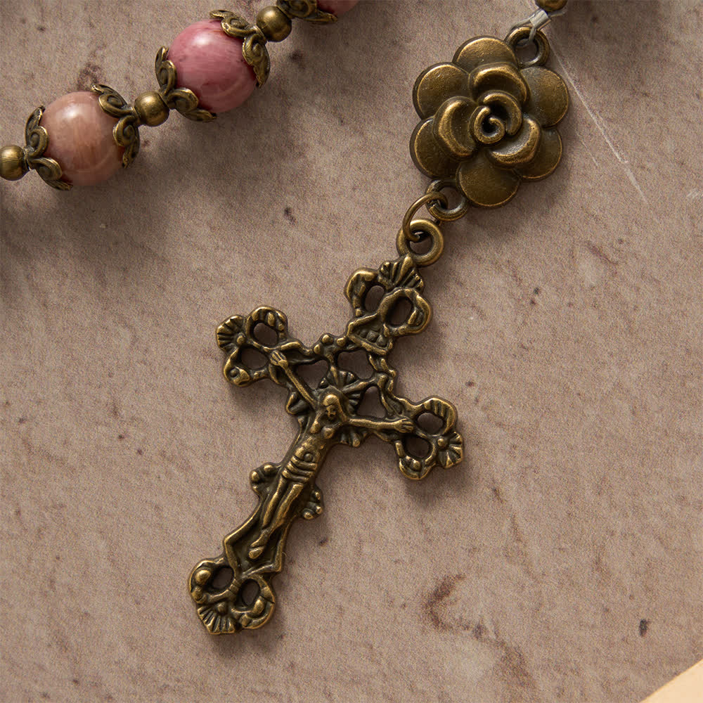 Christianartworkshop Rosenkranz aus natürlichem Rhodochrosit mit floralen Akzenten aus antikbronzenen Rosen - image 7