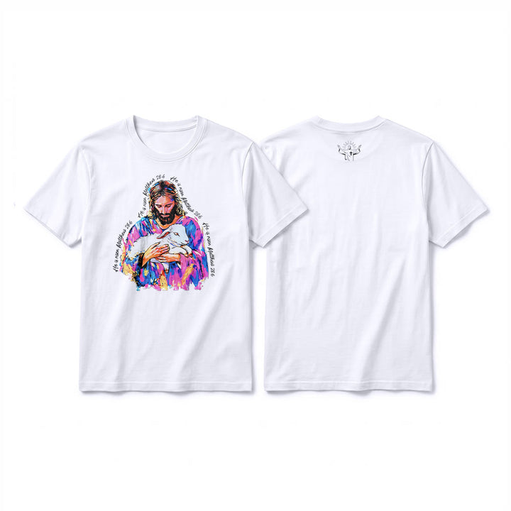 Christianartworkshop „Er ist auferstanden“ (Matthäus 28,6) – Jesus und das Lamm Premium Kurzarm-T-Shirt - Weiß - 2XL - image 13