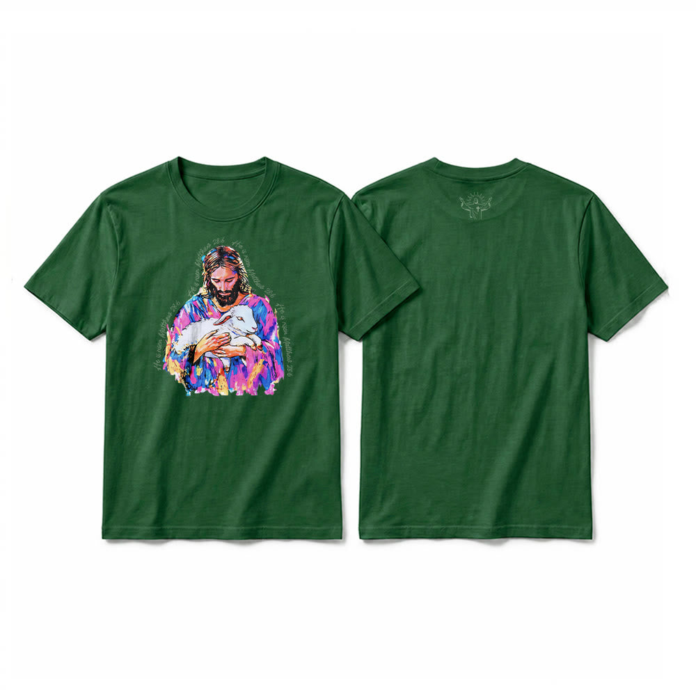 Christianartworkshop „Er ist auferstanden“ (Matthäus 28,6) – Jesus und das Lamm Premium Kurzarm-T-Shirt - Dunkelgrün - 2XL - image 4