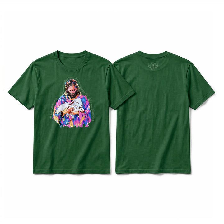 Christianartworkshop „Er ist auferstanden“ (Matthäus 28,6) – Jesus und das Lamm Premium Kurzarm-T-Shirt - Dunkelgrün - 2XL - image 4